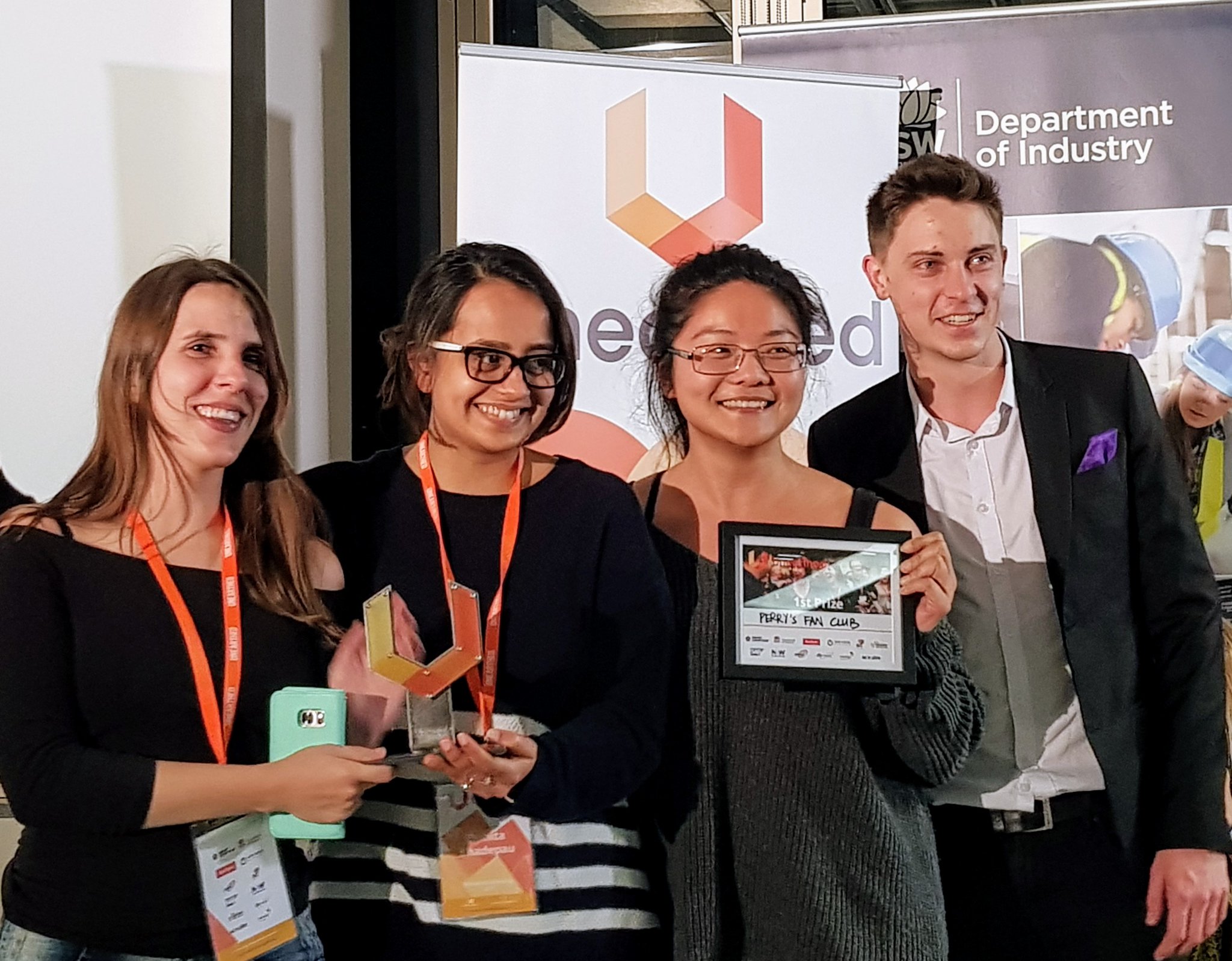 L-R: Patricia Kavinski, Duhita Khadepau, Amey Soo and Alex Scriven accept first prize at Unearthed Sydney 2017